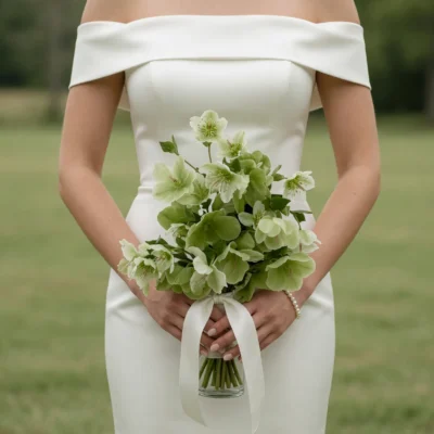 Green Wedding Bouquets featuring fresh green hellebores with ivory ribbon in elegant boho style flowers bridal bouquet
