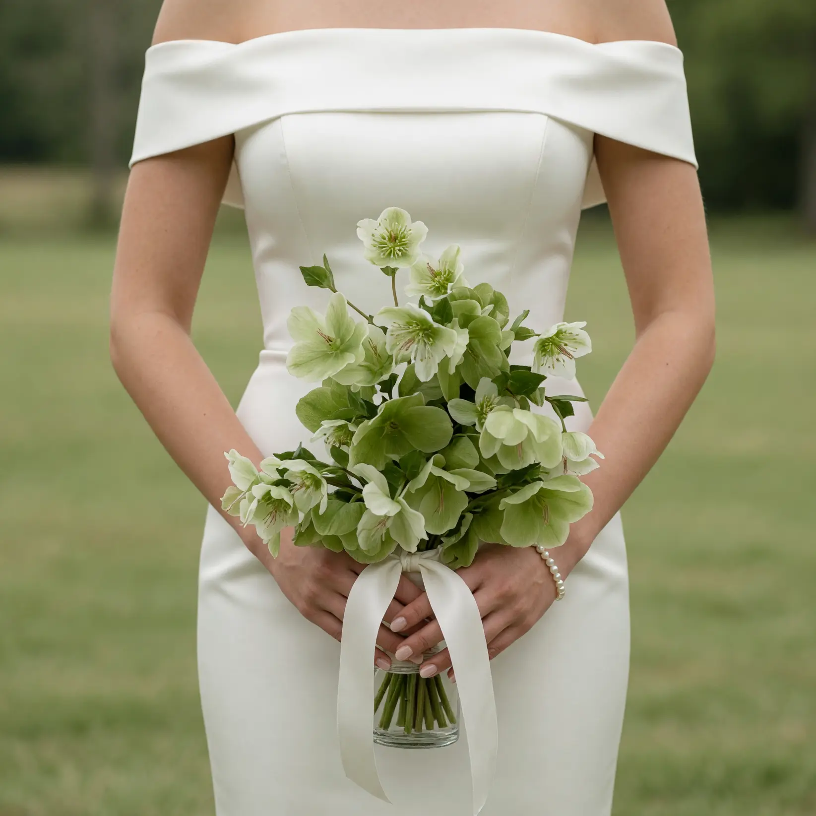 Green Wedding Bouquets featuring fresh green hellebores with ivory ribbon in elegant boho style flowers bridal bouquet