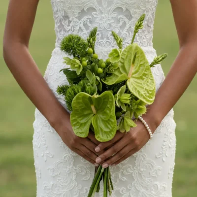 Green Wedding Bouquets with green anthuriums, botanical greenery and textured boho style flowers for modern bridal weddings