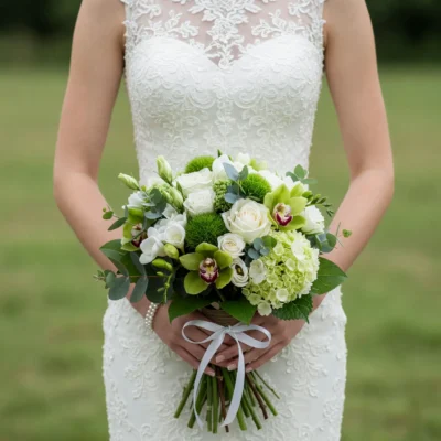 Green Wedding Bouquets with white roses, green cymbidium orchids, hydrangeas, eucalyptus and boho style flowers for elegant weddings