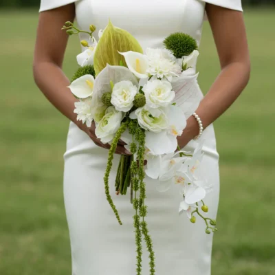 Bridal flowers bouquets with cascading white orchids, calla lilies, anthuriums, green amaranthus, and modern botanical wedding flowers.