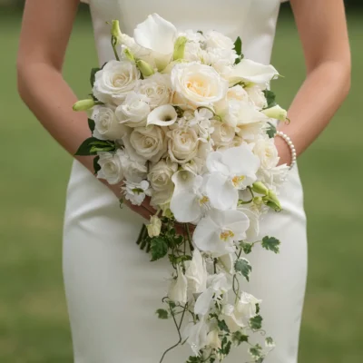 Bridal flowers bouquets with cascading ivory roses, white orchids, calla lilies, hydrangeas, and elegant trailing wedding flowers.