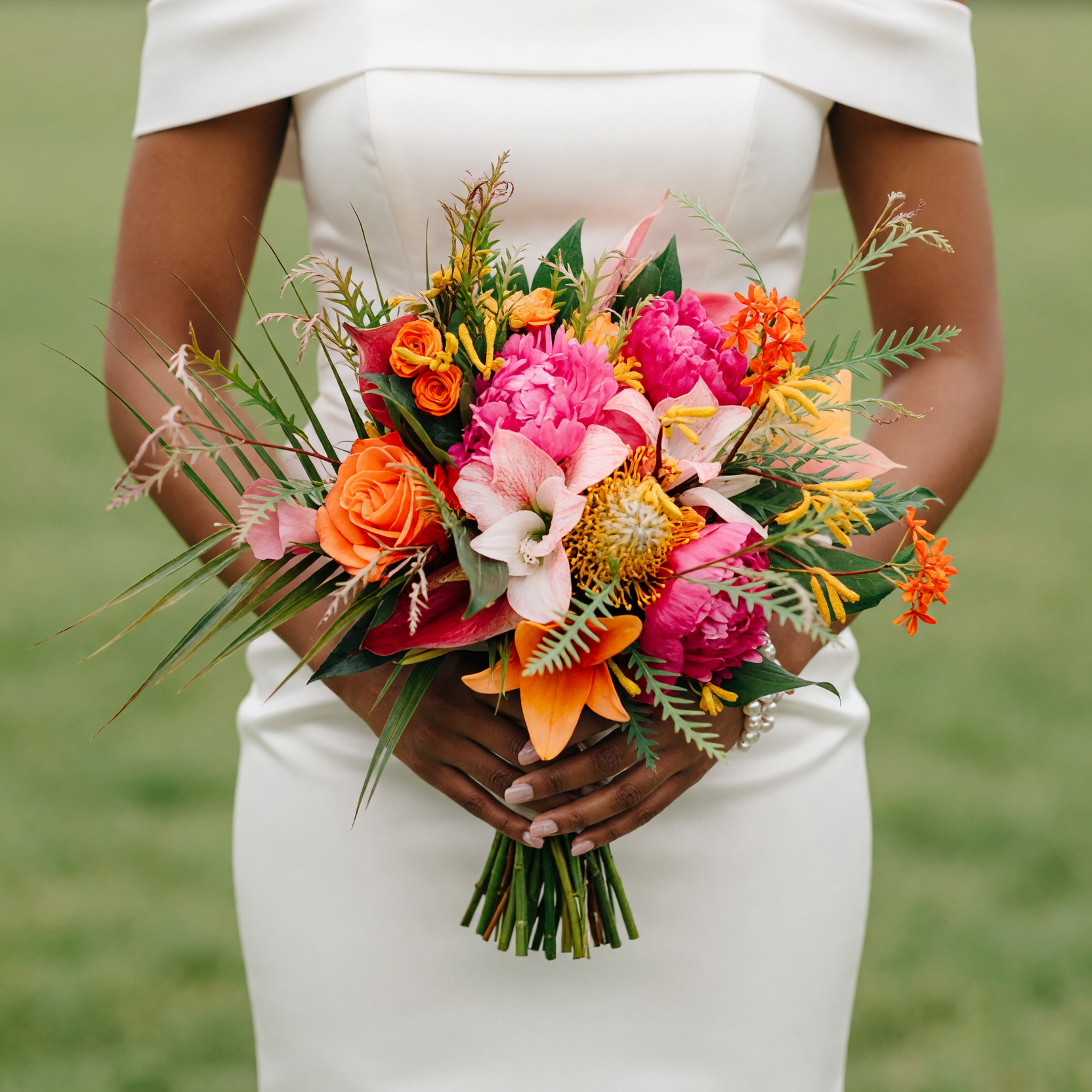 Popular wedding bouquets with vivid pink flowers, orange roses, coral blooms, golden accents and tropical greenery for a colourful bride.