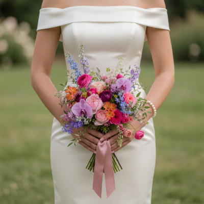 Bridal flowers bouquets with blush and raspberry roses, lavender orchids, blue flowers, greenery and dusty pink ribbon for a romantic wedding.