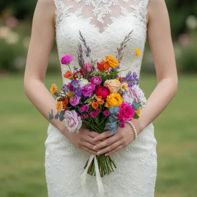 Popular wedding bouquets with pink, lavender, yellow and orange roses, colourful wildflowers, eucalyptus and airy grasses for a garden bride.