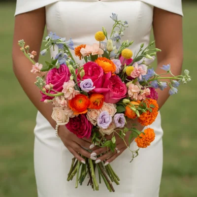 Popular wedding bouquets with hot pink roses, orange ranunculus, lavender flowers, yellow accents and powder-blue blooms for a colourful bride.