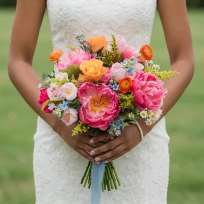 Bridal blooms with pink peonies, peach roses, orange ranunculus, powder-blue flowers and delicate white accents in a colourful wedding bouquet.