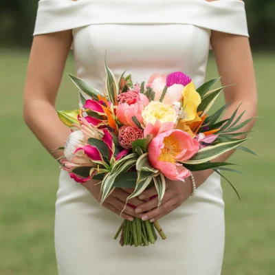 Boho style flowers bridal bouquet with coral peonies, tropical orange blooms, yellow calla flowers, magenta accents and variegated greenery.