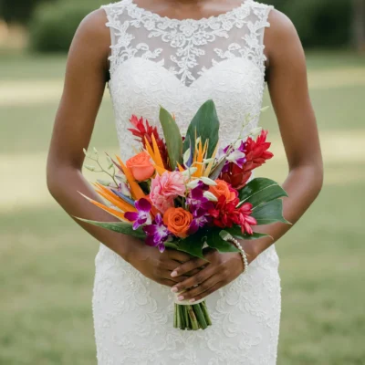 Bridal flowers bouquets with orange roses, purple orchids, red tropical flowers, bird-of-paradise accents and lush green leaves for a colourful wedding.