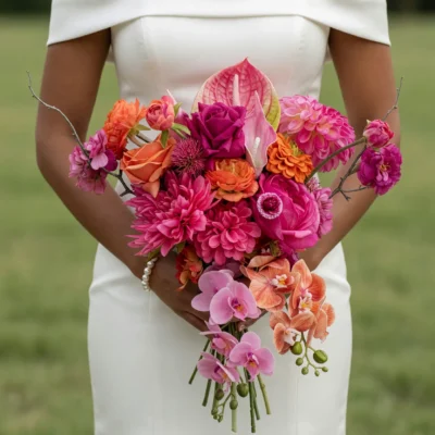 Popular wedding bouquets featuring fuchsia roses, pink anthuriums, coral flowers and cascading pink and peach orchids for a colourful bride.