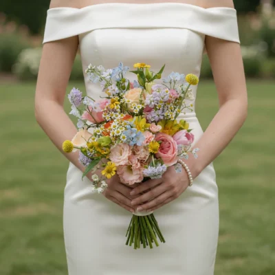 Bridal blooms with blush and peach roses, powder blue flowers, lavender accents, white daisies and yellow flowers in a romantic garden wedding bouquet.