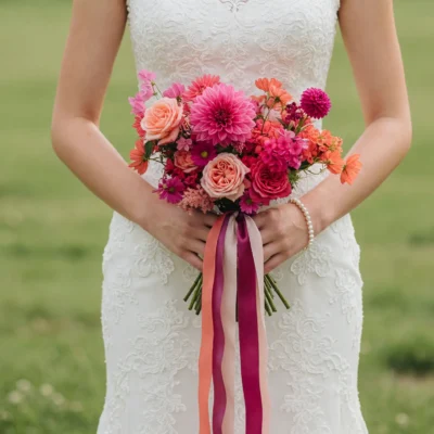 Bridal flowers bouquets with coral roses, raspberry pink dahlias, peach garden flowers and long pink ribbons for a romantic wedding.
