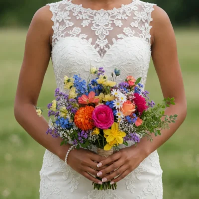 Popular wedding bouquets with pink and peach roses, blue flowers, yellow blooms, purple accents, white daisies and garden greenery.