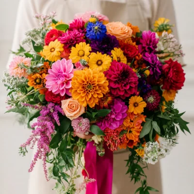 Bridal blooms with colorful pink and orange dahlias, peach and red roses, yellow flowers, blue accents, greenery, and berry ribbon.