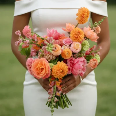 Popular wedding bouquets featuring peach dahlias, coral garden roses, blush pink flowers and greenery in a romantic garden bridal arrangement.