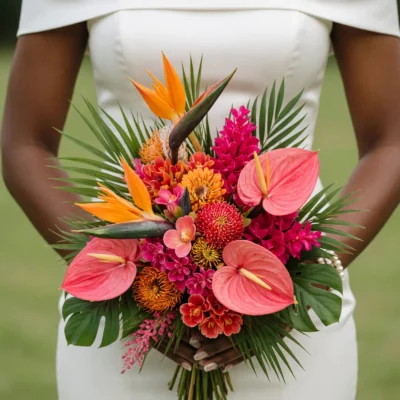 Popular wedding bouquets with coral anthuriums, orange bird of paradise, hot pink tropical flowers and lush green palm foliage.