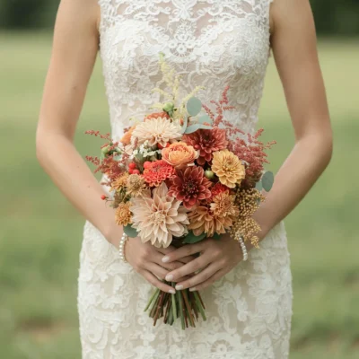Bridal flowers bouquets with peach, burgundy, terracotta and cream dahlias, eucalyptus and rustic autumn accents held by a bride in a lace wedding dress.