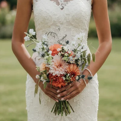 Bridal flowers bouquets with peach and coral dahlias, delicate white flowers, meadow grasses, thistle accents, and greenery held by a bride in a lace wedding dress.