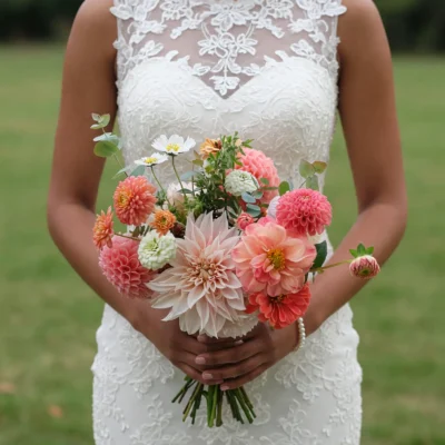 Popular wedding bouquets with coral, blush, pink and cream dahlias, delicate white flowers and eucalyptus held by a bride in an elegant lace wedding dress.