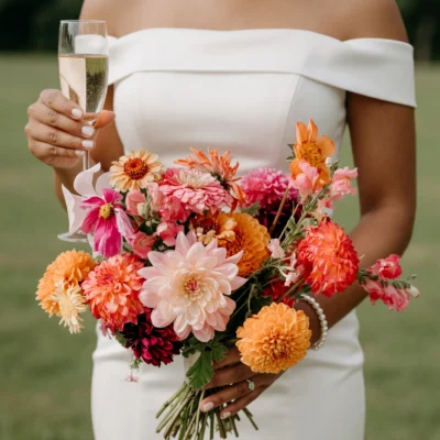 Popular wedding bouquets with peach, coral, pink, orange, blush, and burgundy dahlias in a colorful garden arrangement carried by a bride in a white wedding dress.