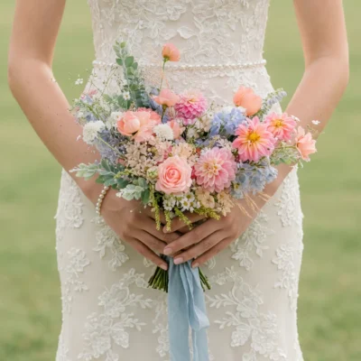 Bridal flowers bouquets with blush pink dahlias, peach roses, powder-blue flowers, delicate white blooms, silvery greenery, and a dusty-blue ribbon held by a bride.