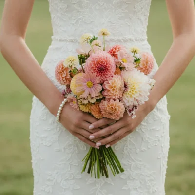 Bridal flowers bouquets with blush pink, apricot, peach, and ivory dahlias, delicate pastel garden flowers, and green stems held by a bride in a lace wedding dress.