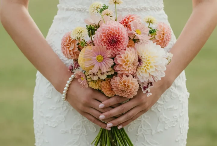 Bridal flowers bouquets with blush pink, apricot, peach, and ivory dahlias, delicate pastel garden flowers, and green stems held by a bride in a lace wedding dress.