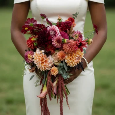 Popular wedding bouquets with burgundy, raspberry, apricot, peach, and cream dahlias, eucalyptus, and cascading botanical accents held by a bride in a white wedding dress.