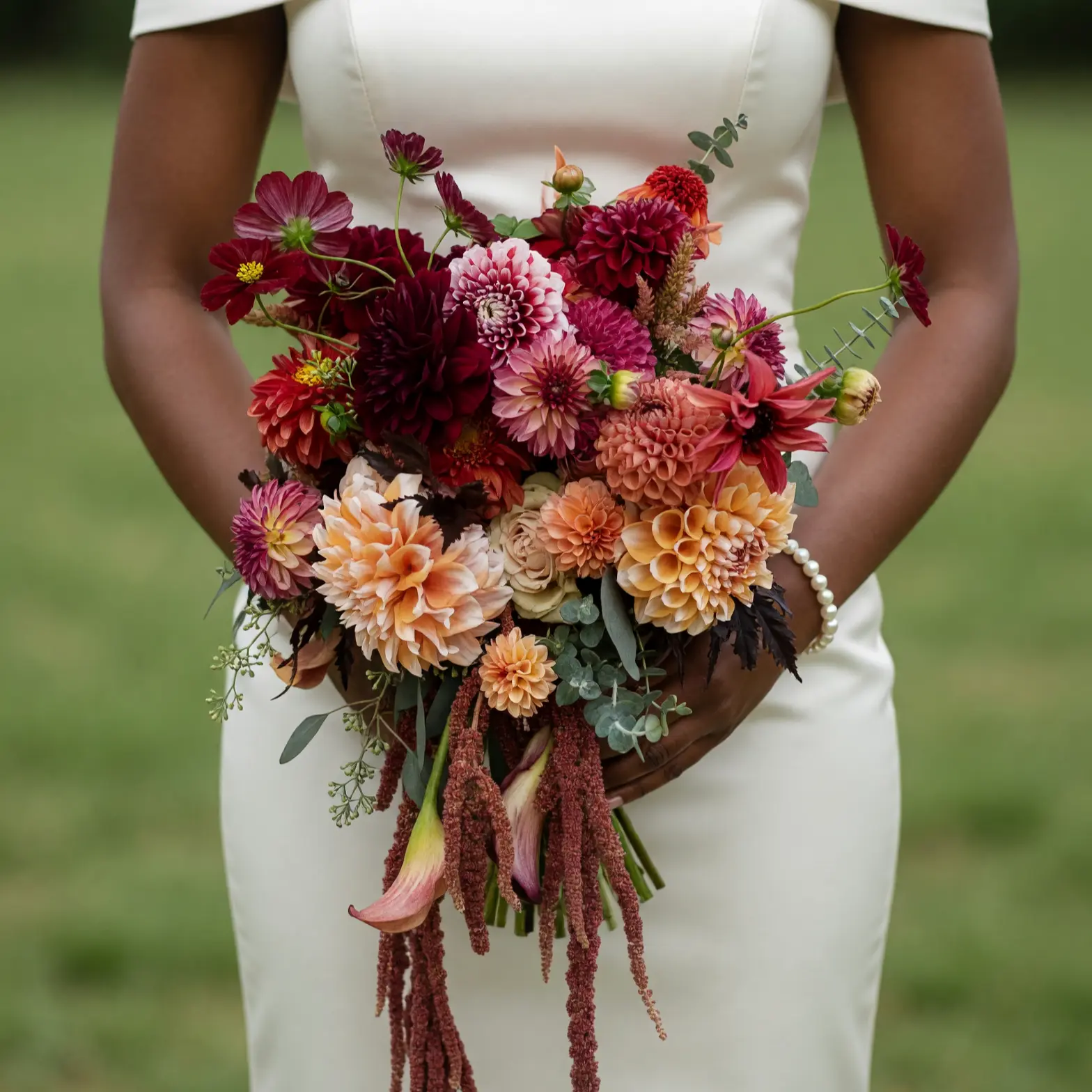 Burgundy Apricot Cascading Dahlia Bridal Wedding Bouquet