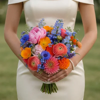 Popular wedding bouquets with coral pink dahlias, orange flowers, vivid blue blossoms, coral layered blooms, and lavender accents held by a bride in a white wedding dress.