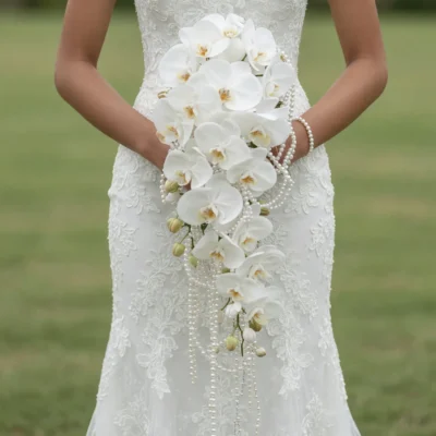 Popular wedding bouquets inspiration featuring a long cascade of white orchids, pale buds, and pearl strands held by a bride in an embroidered white wedding gown.