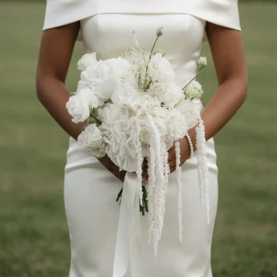 Bridal blooms in a white wedding bouquet with lush textured flowers, delicate upright accents, trailing white floral strands, and flowing ribbon.