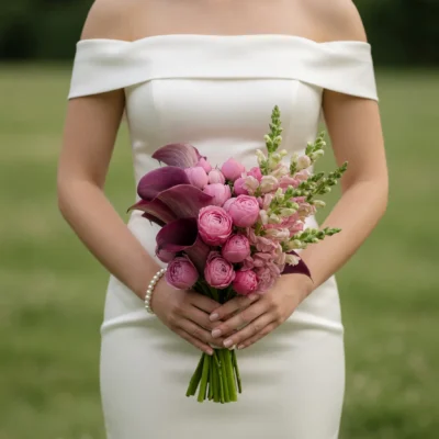 Popular wedding bouquets featuring blush pink layered blooms, deep plum sculptural flowers, delicate pale accents, and green stems held by a bride.