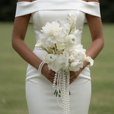 Bridal flowers bouquets with white layered blooms, delicate orchid-like flowers, sculptural white accents, and cascading pearl strands held by a bride.