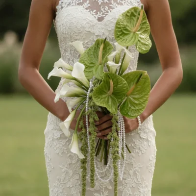 Bridal flowers bouquets with large green sculptural blooms, ivory calla-style flowers, cascading textured greenery, pearl accents, and a lace wedding dress.