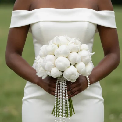 Elegant white peony bridal bouquet with cascading pearl strands for a romantic wedding