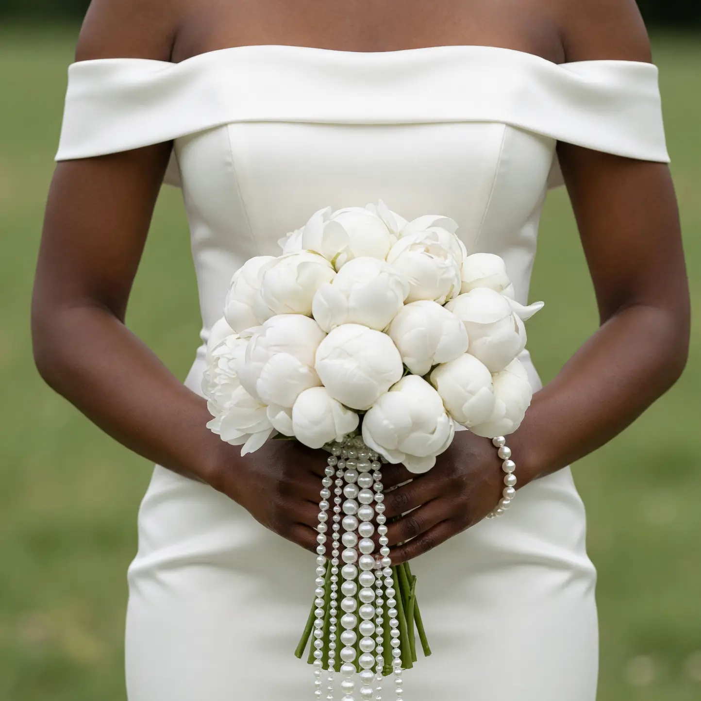 White Peony Pearl Cascade Bridal Bouquet