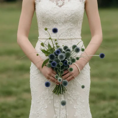 Popular wedding bouquets featuring blue thistle flowers, green textured blooms and airy grasses for a modern bride