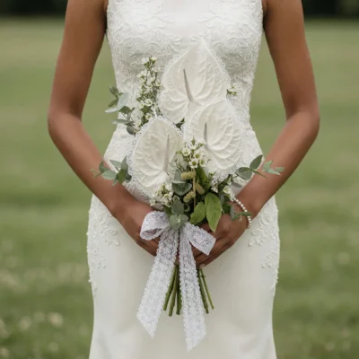 White anthurium bridal blooms wedding bouquet with eucalyptus and lace ribbon