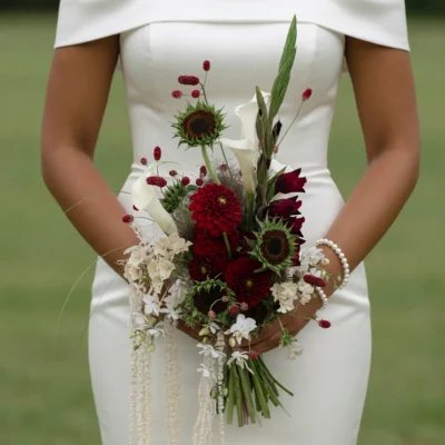 Burgundy dahlia and sunflower bridal bouquet with white calla lilies and cascading boho flowers