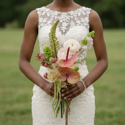 Bridal flowers bouquets with blush anthurium, cream blooms, green accents, and trailing botanical details for a romantic wedding