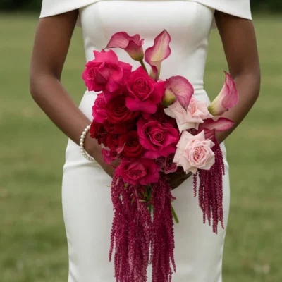 Popular wedding bouquets featuring deep berry roses, blush roses, pink calla lilies, and cascading amaranthus for a romantic bride