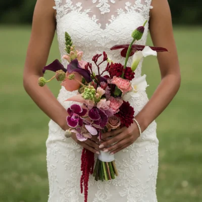 Wedding bouquets prices inspiration with burgundy dahlias, blush roses, orchids, calla lilies, and trailing red amaranthus