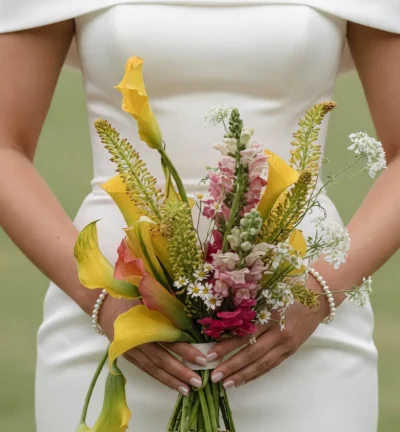 Bridal flowers bouquets with yellow calla lilies, pink blooms, white wildflowers, and green textured stems for an outdoor wedding