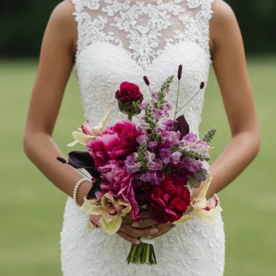 Bridal flowers bouquets with burgundy blooms, pink flowers, lavender accents, creamy orchids, and textured greenery for an elegant wedding