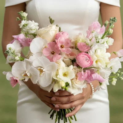 Bridal flowers bouquets with blush pink and white roses, orchids, ranunculus and delicate wedding flowers held by a bride