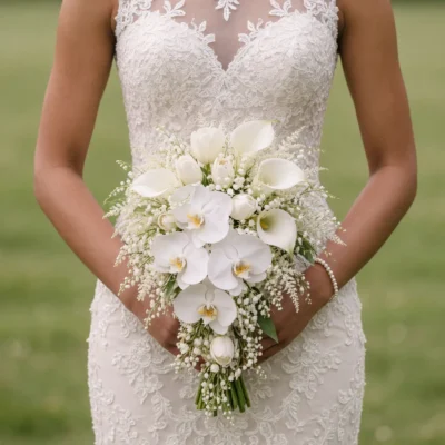 bridal blooms wedding bouquet with white orchids, calla lilies, tulips, baby's breath, green foliage, and cascading stems held by a bride in a lace gown.