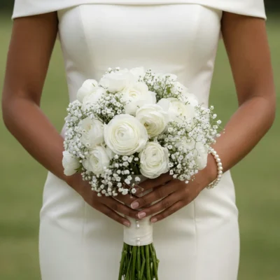 Bridal flowers bouquets with creamy white roses, delicate baby's breath, fresh green stems, and a pearl-detailed white ribbon held by a bride in a white gown.