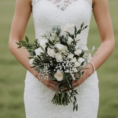 boho style flowers bridal bouquet with ivory roses, delicate baby's breath, textured blooms, dark green foliage, and long flowing stems held by a bride in a lace wedding gown.