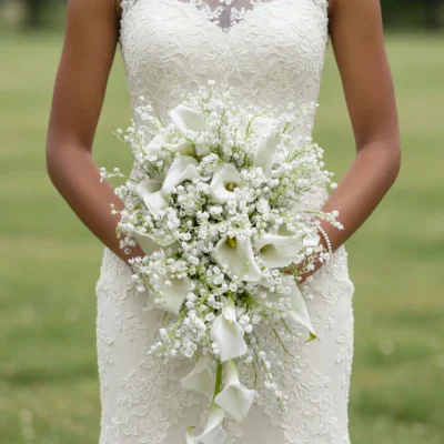 Bridal flowers bouquets with cascading white calla lilies, delicate baby's breath, fine green stems, and airy white blooms held by a bride in a lace wedding gown.